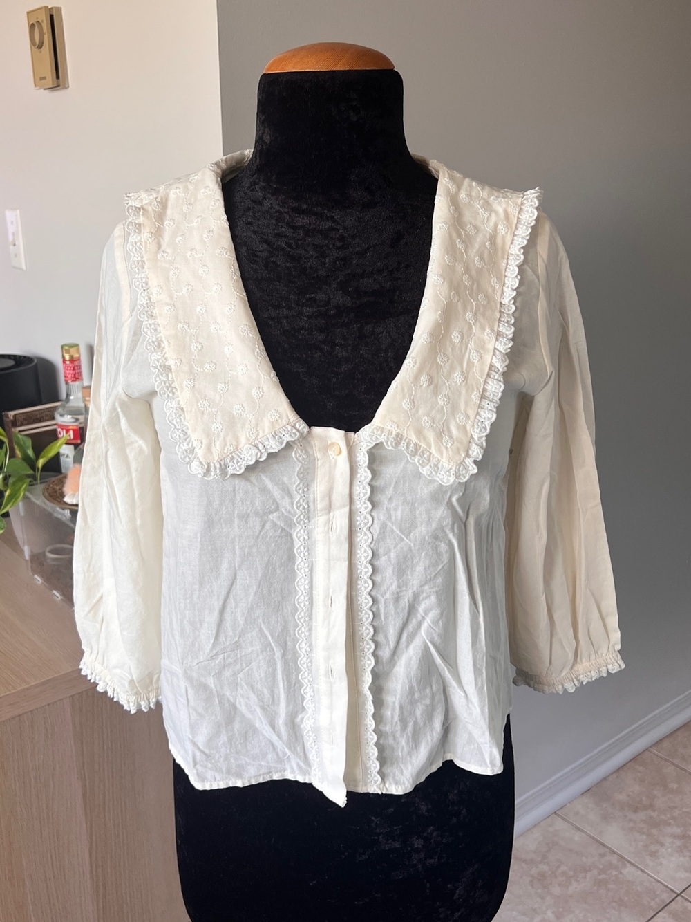 Zara Cream Embroidered Lace-Trim Button Front Blouse